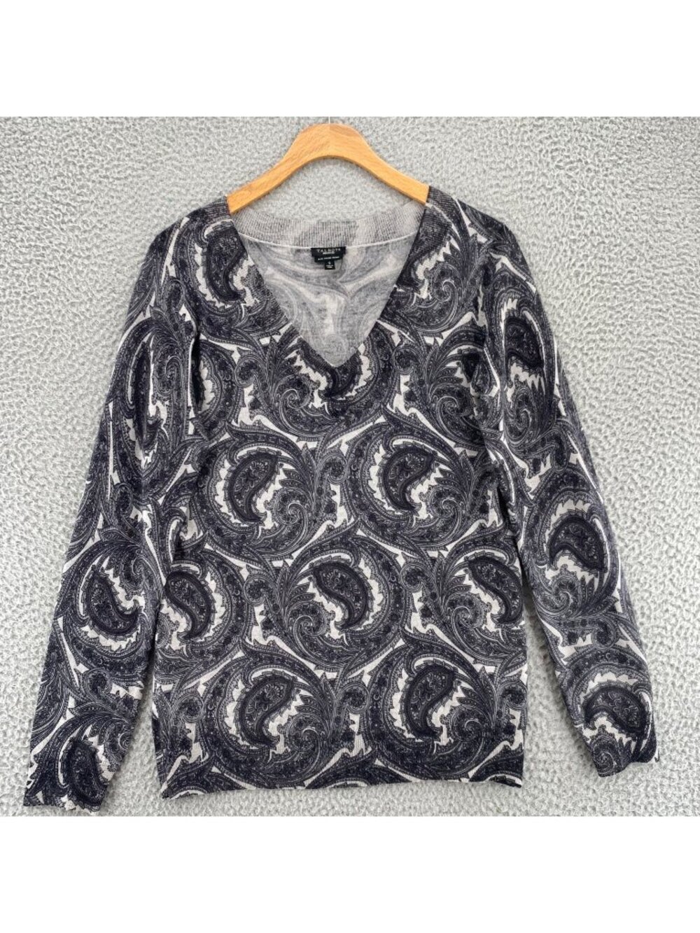 Talbots Sweater Women Small Gray Paisley Pure Italian Merino V Neck Stretch Knit